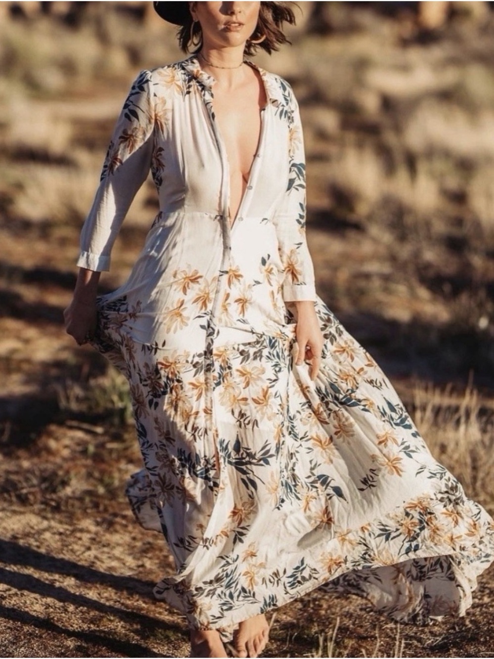 FREE PEOPLE AFTER THE STORM IVORY FLORAL BOHO WESTERN FLOWY MAXI DRESS